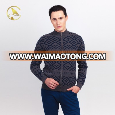 Guoou Knitwear zipper front geometric pattern mens latest design cardigan sweater for men